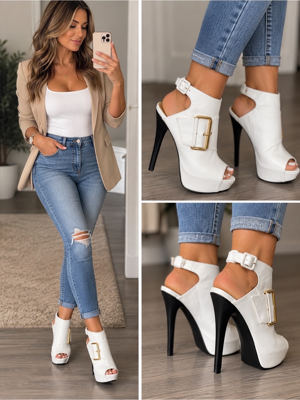 C Label White Peep-Toe Stiletto Ankle Heels with Gold Buckles